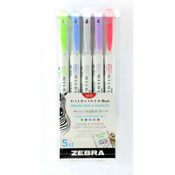 Zebra Pen Mildliner Brush Pen & Marker Set - Fine Marker Point - Brush Marker Point Style - Green Pigment-based, Dark Blue, Gray, Violet, Red Ink - 5 / Pack | Bundle of 5 Packs