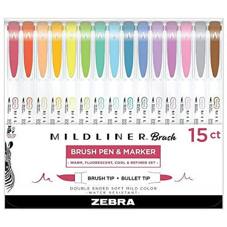 Zebra Pen Mildliner Brush Marker, Double Ended Brush and Fine Tip Pen,  Assorted Soft Colors, 15 Count (Pack of 1)