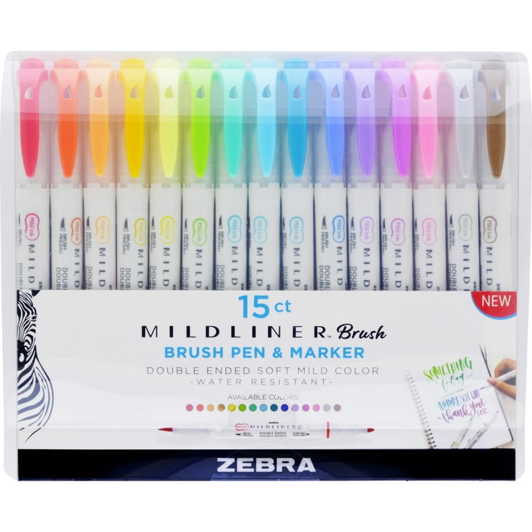 Zebra Pen Mildliner Brush Pen & Marker Set Medium Pen Point - Fine Marker  Point - Brush Pen Point Style - Bullet Marker Point Style - Assorted  Pigment-based Ink - White Barrel - 15 / Pack 