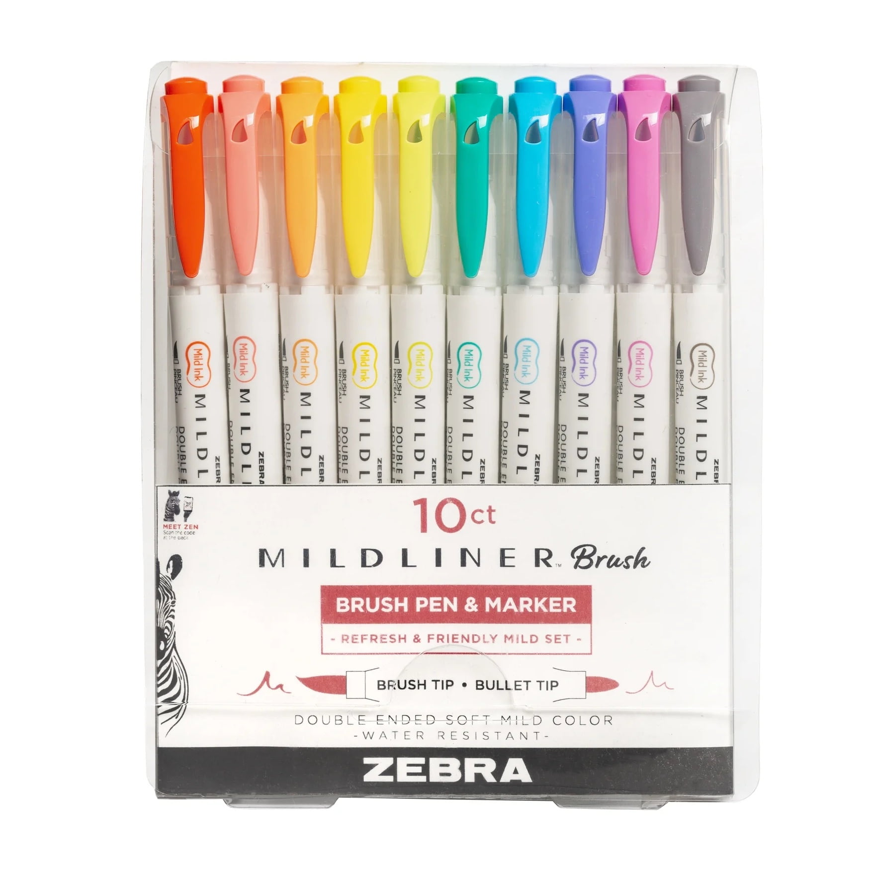 Zebra Mildliner Double-Ended Highlighters, Brush and Fine Point, Assorted Ink, 10-Count