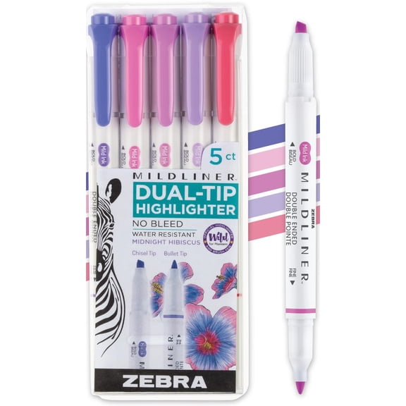Zebra Pen 78375 Mildliner Dual-Tip Highlighter Set, Broad and Fine Tips, No Bleed, Ideal for Bible Highlighting, Journaling and Note-Taking, Assorted Midnight Hibiscus Ink Colors, 5-Pack