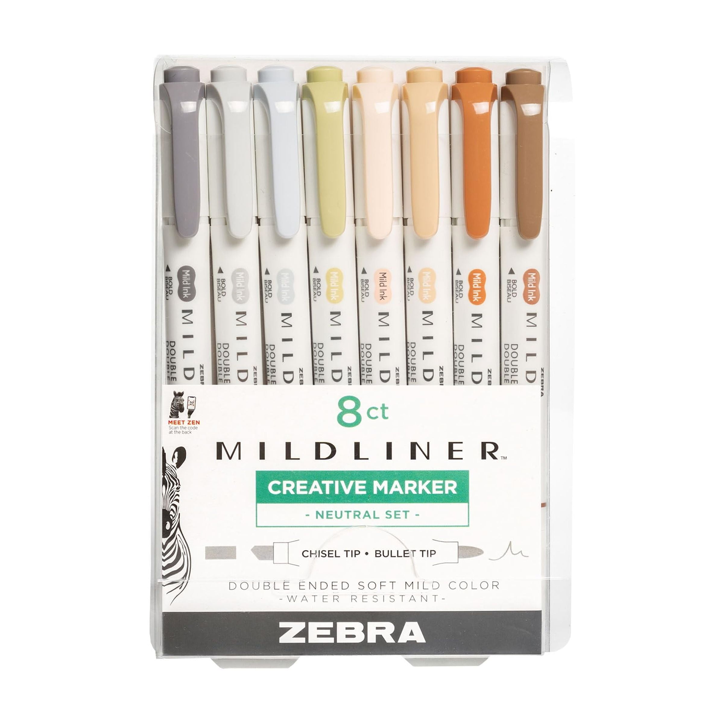 Zebra Pen Mildliner Double-Ended Highlighter, Broad and Fine Point Tips, No Bleed Bible Assorted Neutral Vintage Ink Colors, 8-Pack, Model Number: 78208