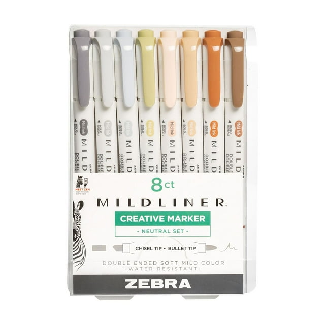Zebra Pen Mildliner Double-Ended Highlighter, Broad and Fine Point Tips, No Bleed Bible Assorted Neutral Vintage Ink Colors, 8-Pack, Model Number: 78208