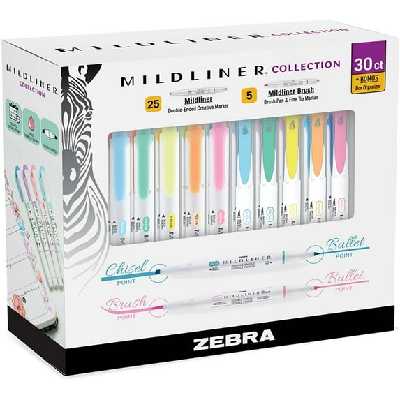 Zebra Pen Mildliner Double Ended Highlighter Brush 30Ct Box