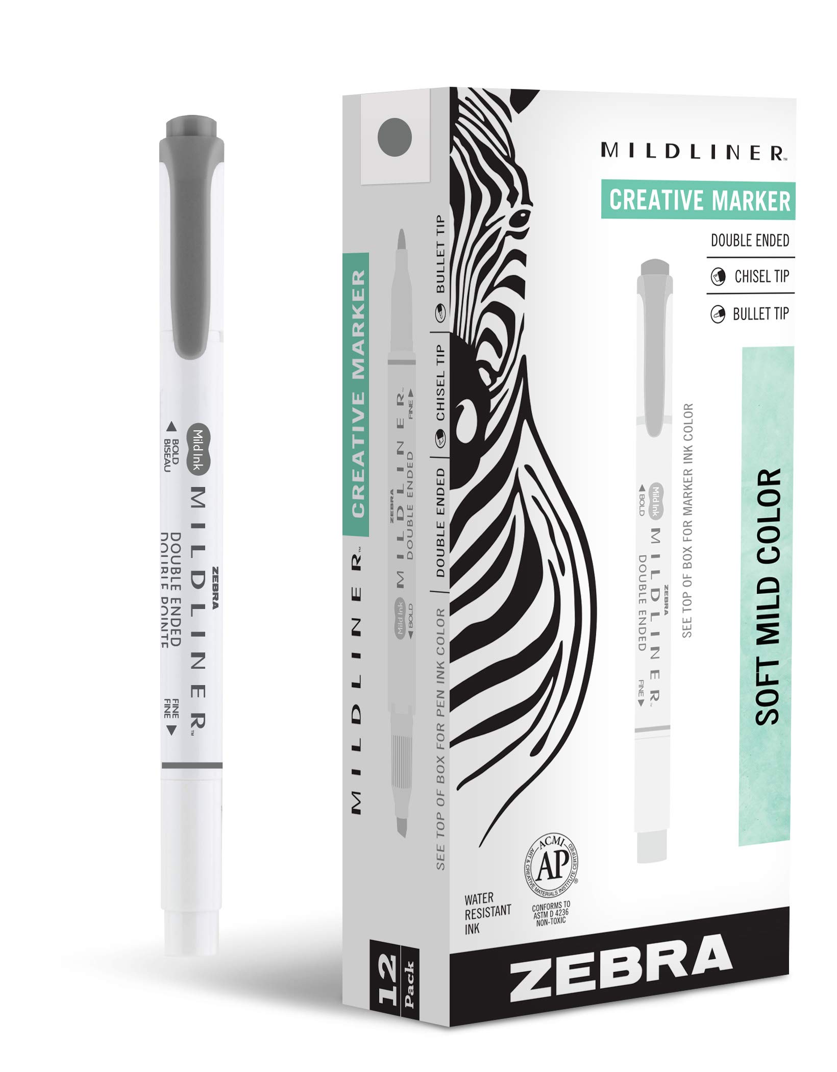 Zebra Pen Mildliner Double Ended Highlighter Marker Set, Broad and Fine Point Tips, Mild Dark Gray Ink, 12-Pack (78510upc)