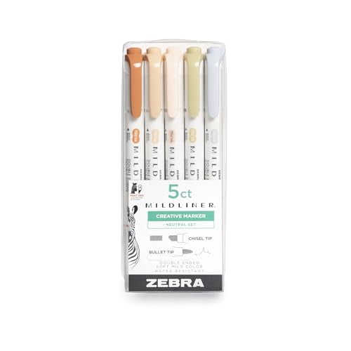 Zebra Pen Mildliner Double-Ended Highlighter Set, Broad and Fine Point Tips, No Bleed Bible Assorted Neutral Vintage Ink Colors, Model Number: 78605, 5-Count, Pack of 1