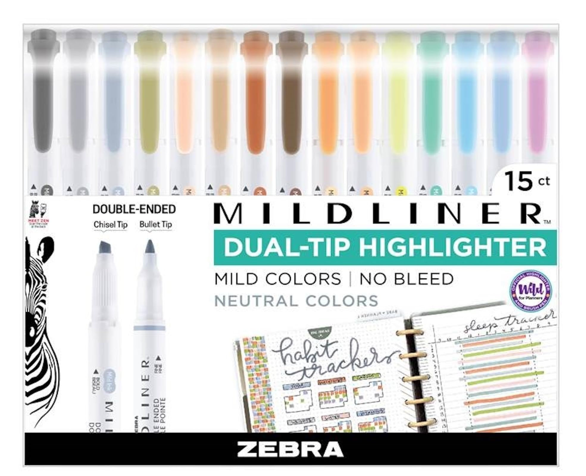 Zebra Pen Mildliner Double-Ended Highlighter Set, Broad and Fine Point Tips, No Bleed Assorted Neutral Vintage Ink Colors, 15-Count