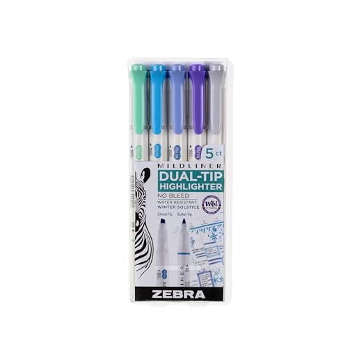 Zebra Pen Mildliner Double-Ended Highlighter Set, Broad and Fine Point Tips, No Bleed Assorted Winter Solstice Ink Colors, 5-Pack (78325)