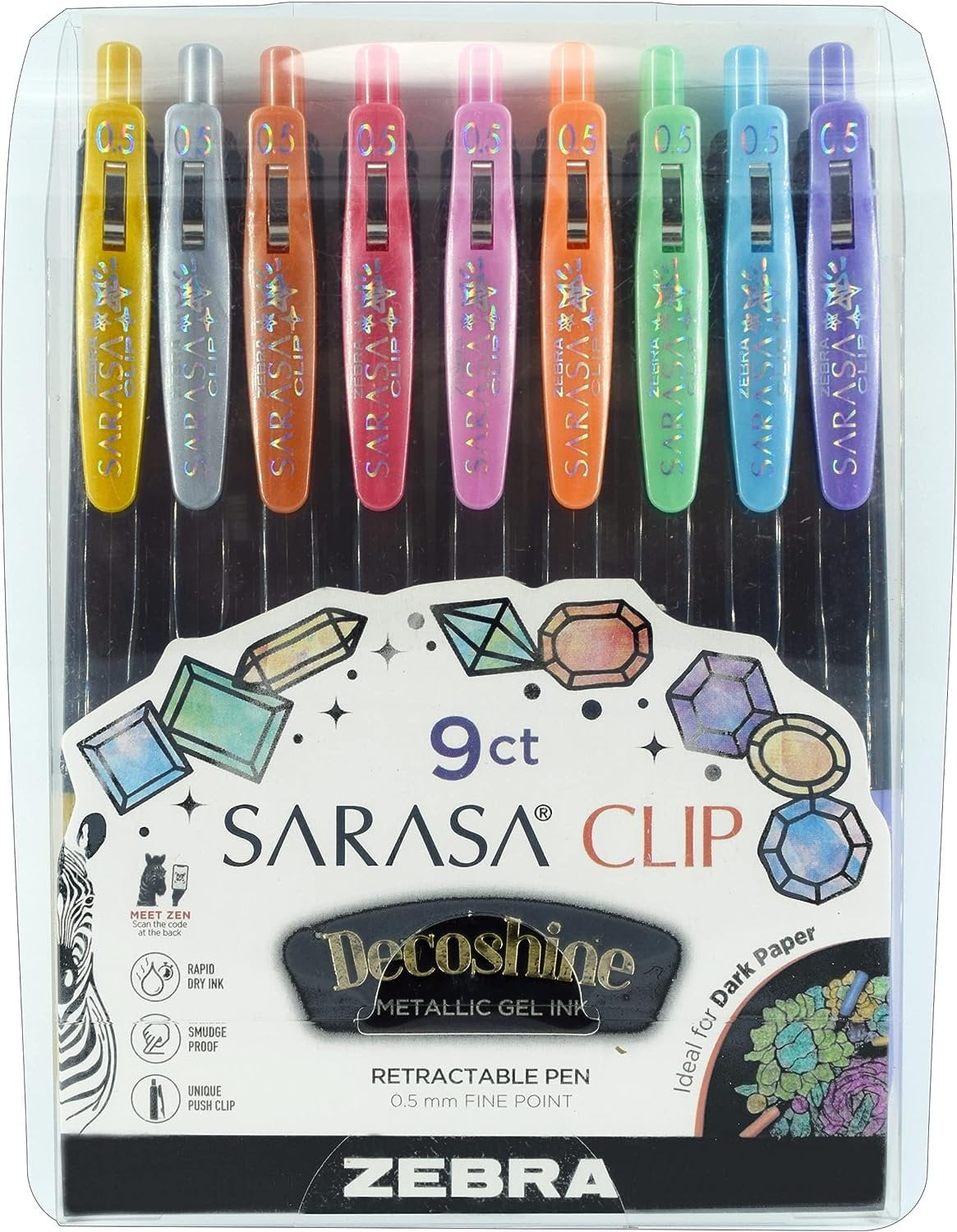 Zebra Pen Sarasa Clip Decoshine Retractable Gel Pen, Fine Point, 0.5mm, Assorted Metallic Gel Ink, 9-Pack, 49009
