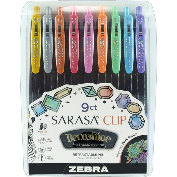Zebra Pen Sarasa Clip Decoshine Retractable Gel Pen, Fine Point, 0.5mm, Assorted Metallic Gel Ink, 9-Pack, 49009