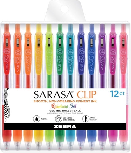 Zebra Sarasa Clip Gel Pens, 0.5mm Fine Point, Rainbow Colors, 12-Count Pack - Retractable Smooth Writing Pens