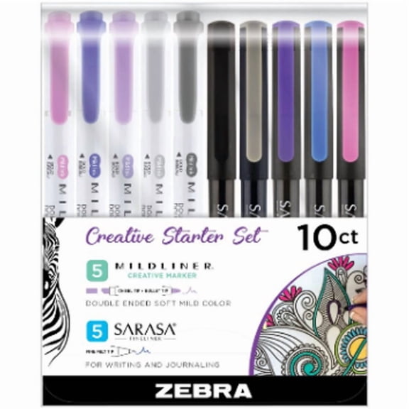 Zebra Pen Sarasa Pens/Mildliner Creative Starter Kit - Needle Marker Point Style - Multi Ink - 10 / Pack | Bundle of 5 Packs