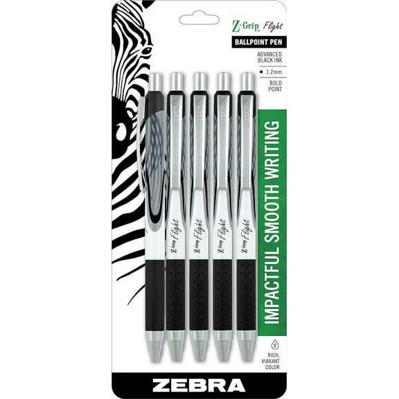 Zebra Pen Z-Grip Flight Retractable Ballpoint Pen, 1.2Mm, Black Ink, 5 Ea..