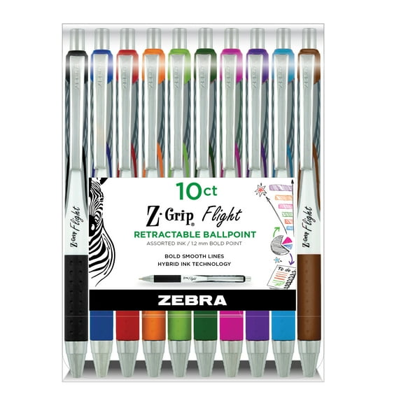 Zebra Pen Z-Grip Flight Retractable Ballpoint Pen, Bold Point, 1.2mm, Assorted Ink, 10-Count