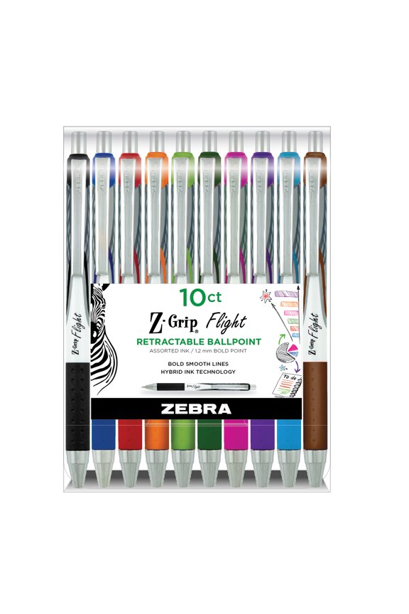 Pen Z-Grip Flight Retractable Ballpoint Pen, Bold Point, 1.2mm, Assorted Ink, 10-Count