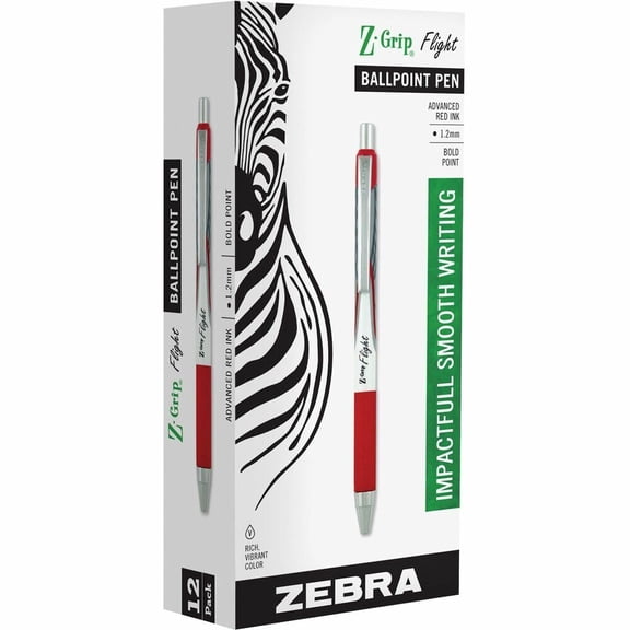 Zebra Pen Z-Grip Flight Retractable Ballpoint Pen, Bold Point, 1.2mm, Red Ink, 12-Count