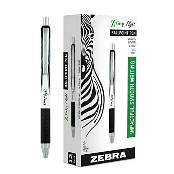 Zebra Pen Z-Grip Flight Retractable Ballpoint Pens, Bold Point, 1.2 mm, Black Ink, 12 Count