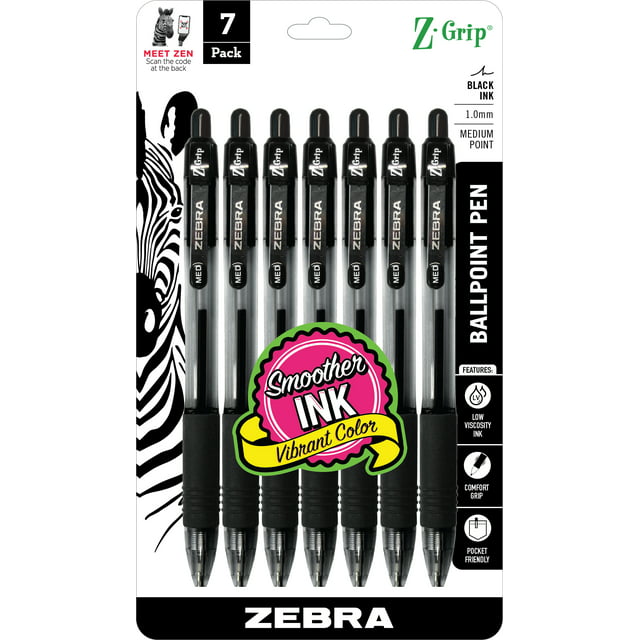 Zebra Pen Z-Grip Retractable Ballpoint Pen, 1.0 mm, Black Ink, 7-Pack
