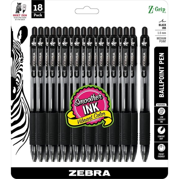 Zebra Pen Z-Grip Retractable Ballpoint Pen, Medium Point, 1.0mm, Black Ink, - 18 Count (Pack of 1), Model Number: 22218