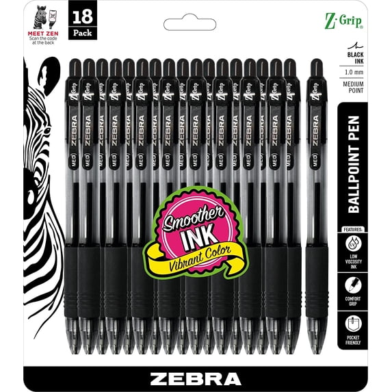 Zebra Pen Z-Grip Retractable Ballpoint Pen, Medium Point, 1.0mm, Black Ink, - 18 Count (Pack of 1), Model Number: 22218