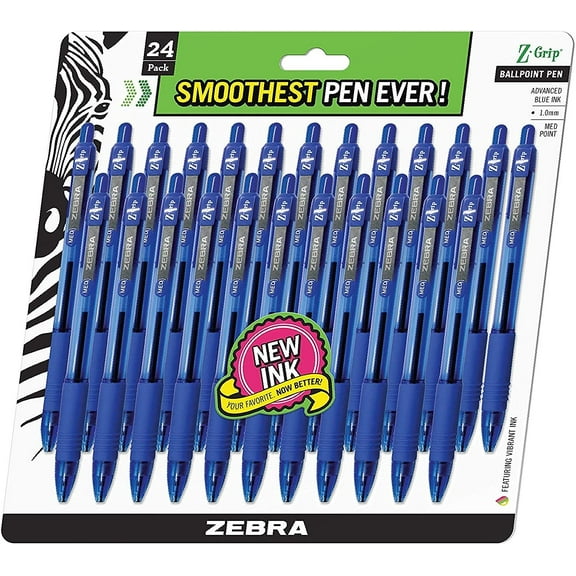 Zebra Pen Z-Grip Retractable Ballpoint Pen, Medium Point, 1.0mm, Blue Ink, 24 Pack - New Version
