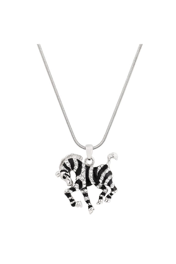 Zebra Pendant Necklace Rhinestone Crystal Rhodium Plated 17 Inch Snake Chain J1187