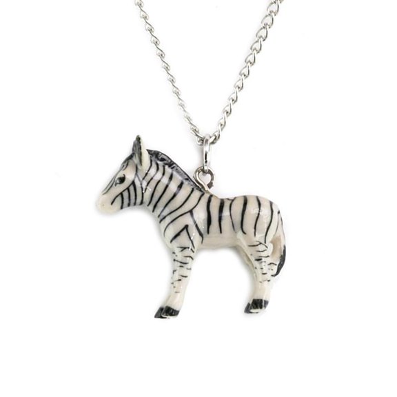 Little Critterz Zebra Porcelain Pendant Necklace, Hand-Painted Safari Animal Jewelry, Fashionable Wearable Accessory, Gift for Wildlife and Nature Lovers