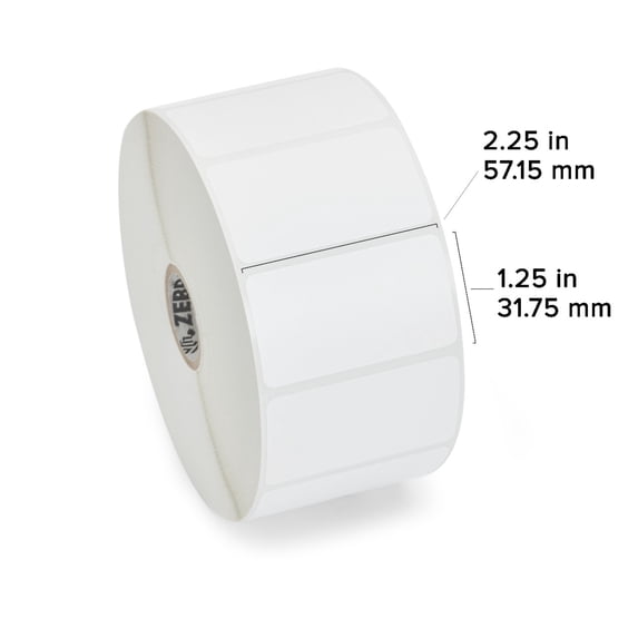 Zebra PolyPro 4000D Direct Thermal Labels, 2.25" x 1.25" Label, 1" Core, 2,000 Per Roll, 6 Rolls