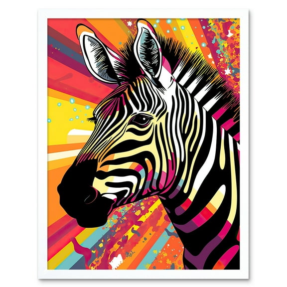 Zebra Portrait Vibrant Colourful Stripes Bright Bold Psychedelic Rainbow Art Print Framed Poster Wall Decor 12x16 inch