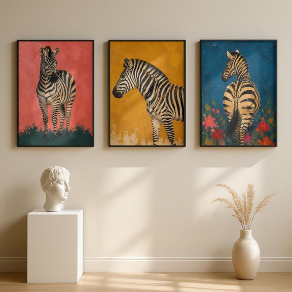 Zebra Poster, Colorful Safari Animal Poster, Botanical Boho Wall Art, Set 3, Poster Only