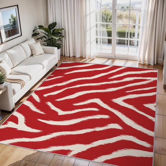 Zebra Print Area Rug, Black White Animal Stripe Indoor Carpet, Washable Non Slip Low Pile Soft Thin Rug for Living Room Bedroom Home Decor Mat 5x8ft