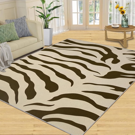 Zebra Print Area Rugs Irregular Retro Brown Curved Stripe Print Area Carpet, Apartment Carpet High Density Dust-Proof For Living Room Study Bedroom 5x7ft