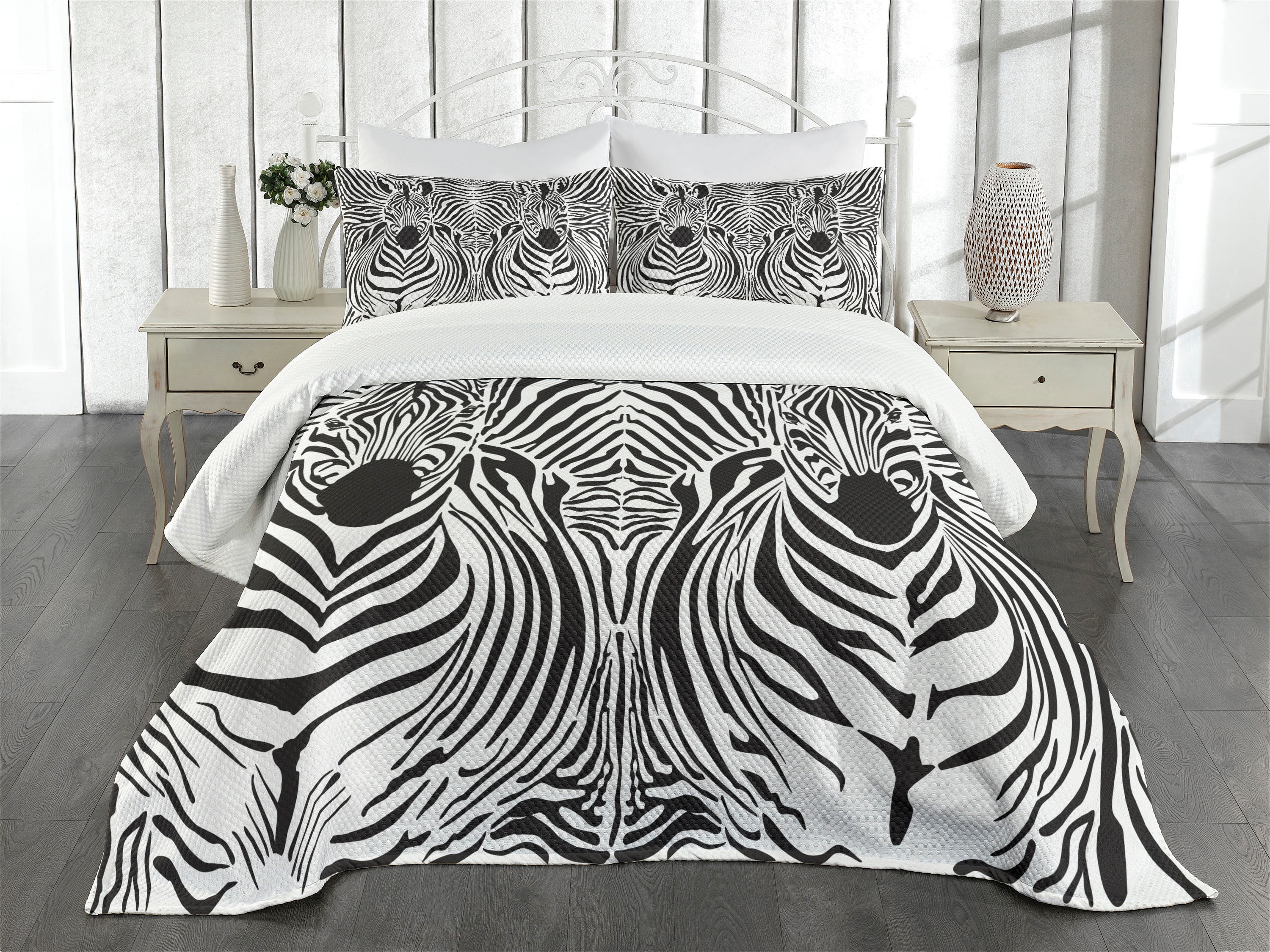 Zebra Print Bedspread Set King Size, Illustration Pattern Zebras Skins Background Blended Over