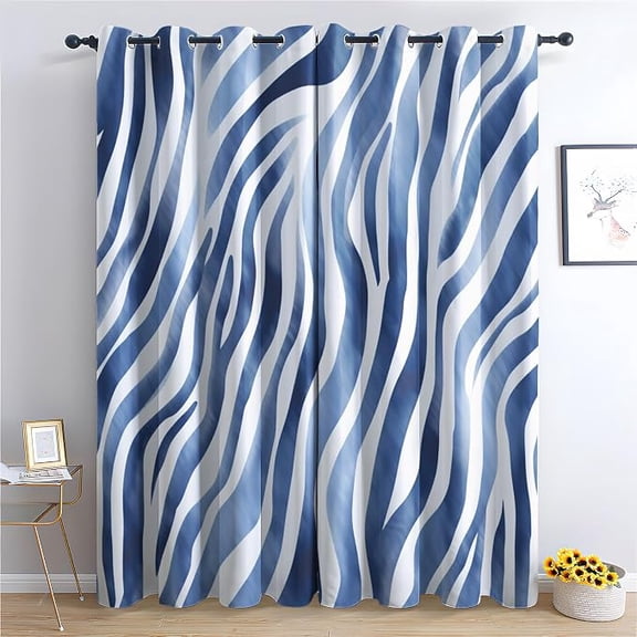 Zebra Print Blackout Curtains, Blue and White Patterned Curtain for Bedroom Living Room, Modern Window Curtains, Grommet Thermal Insulated & Home Decor Drapes 26"W x 63"L (Pack of 2)