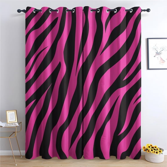 Zebra Print Blackout Curtains, Thermal Insulated Room Darkening Grommet Drapes for Living Room Bedroom, Hot Pink and Black Animal Print Window Treatments-42"W x 45"L (Pack of 2)