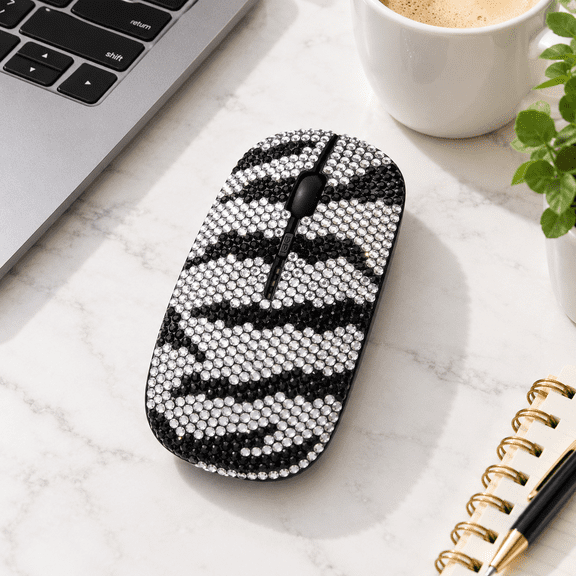 Zebra Print Bling Crystal Rhinestone Rechargeable Wireless Mouse for Laptops and