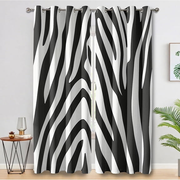 Zebra Print Curtains for Living Room 63 Inch Length, Black White Zebra Skin Blackout Curtains Bedroom Decor, Animal Print Grommet Thermal Black Out Window Drapes 2 Panels Pv-141