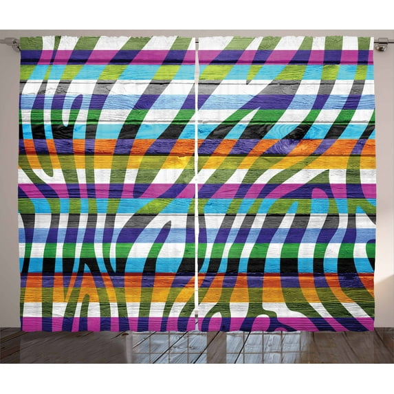 Zebra Print Decor Curtains 2 Panels Set, Art Colored Zebra Print On Wood Planks Decorative Artistic Design Illustration, Living Room Bedroom Accessories, By Ambesonne