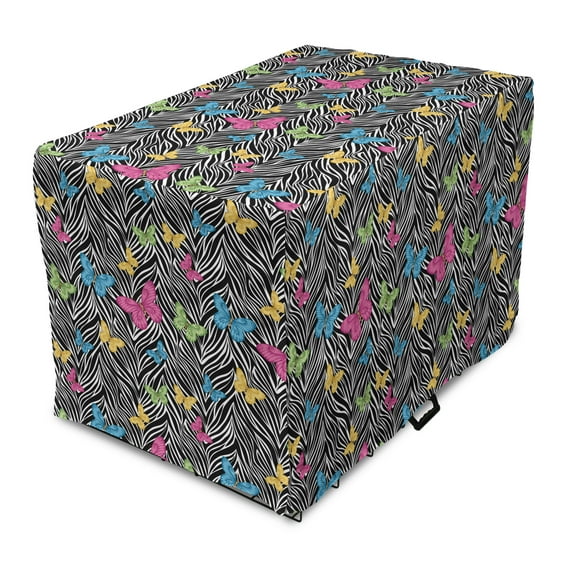 Zebra Print Dog Crate Cover, Colorful Butterflies on Zebra Abstract Print Summer Jungle Floral Art, Easy to Use Pet Kennel Cover Small Dogs Puppies Kittens, 7 Sizes, Yellow Blue Pink, by Ambesonne