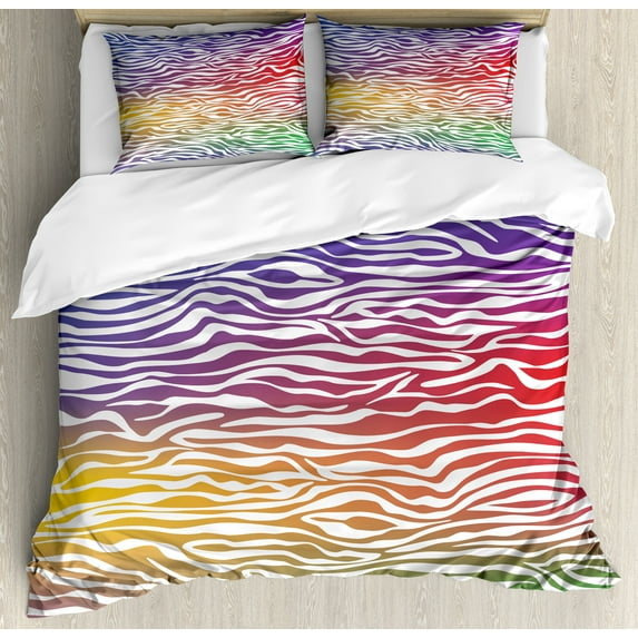 Zebra Print Duvet Cover Set, Abstract Zebra Skin Pattern Geometric Horizontal Stripes Illustration, Decorative 3 Piece Bedding Set with 2 Pillow Shams, Queen Size, Purple Red Yellow, by Ambesonne