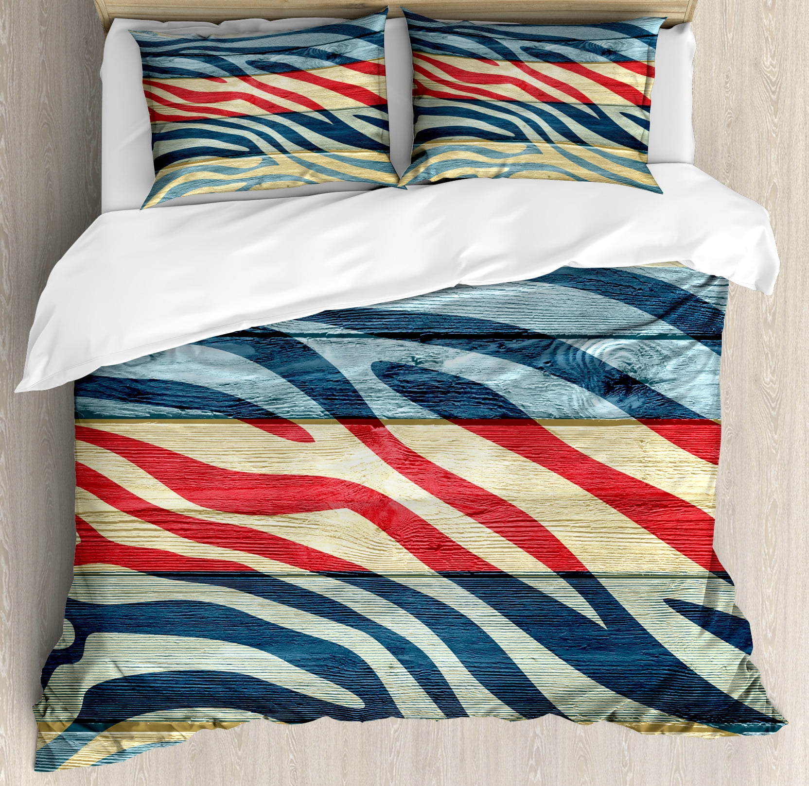Zebra Print Duvet Cover Set, Art Colored Zebra Print on a Wooden Rustic