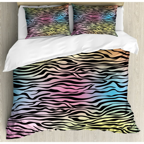 Zebra Print Duvet Cover Set, Colorful Zebra Pattern Animal Wilderness Themed Art Print, Decorative 3 Piece Bedding Set with 2 Pillow Shams, Calking Size, Yellow Coral Pink, by Ambesonne