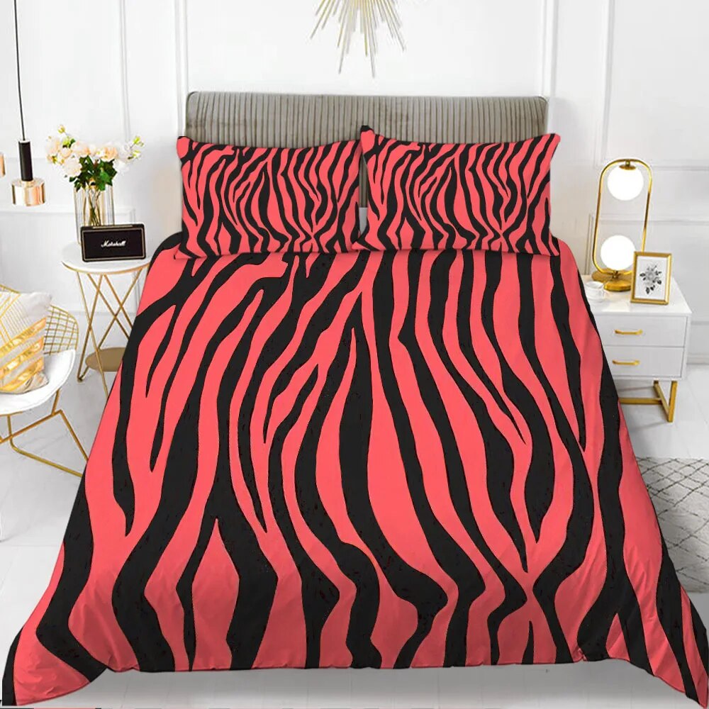 Zebra Print Duvet Cover Set King Polyester Red Black Stripes Bedding