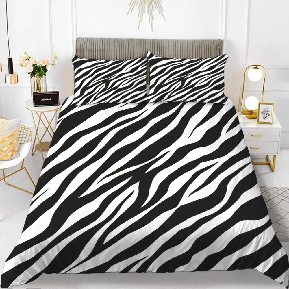 Zebra Print Duvet Cover Set King Polyester Red Black Stripes Bedding