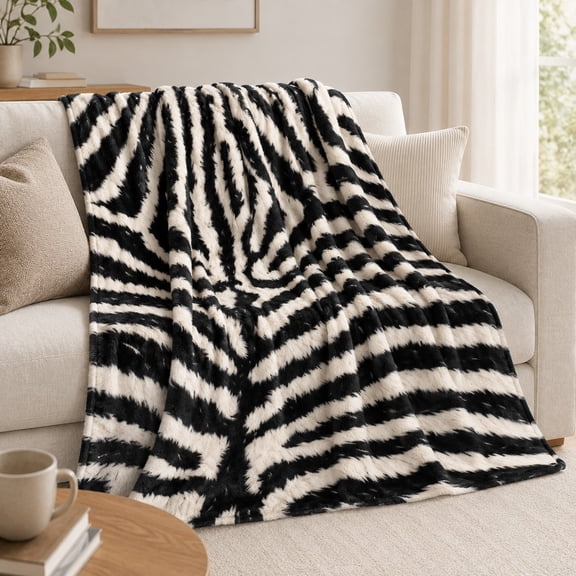 Zebra Print Fleece Throw Blanket, Black Ivory Animal Pattern Plush Blanket