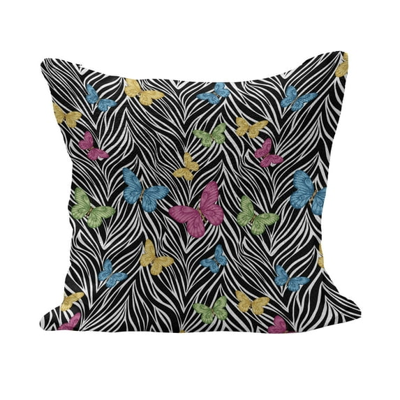 Zebra Print Fluffy Throw Pillow Cushion Cover, Colorful Butterflies on Zebra Abstract Print Summer Jungle Floral Art, Decorative Square Accent Pillow Case, 16" x 16", Yellow Blue Pink, by Ambesonne