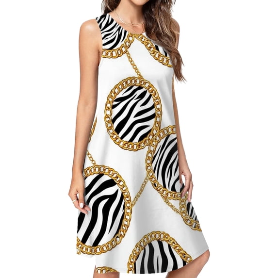 Zebra Print Gold Chain Pattern Spring Summer Dresses For Women Fashion Dress Casual Sleeveless Loose Sundress With Pockets