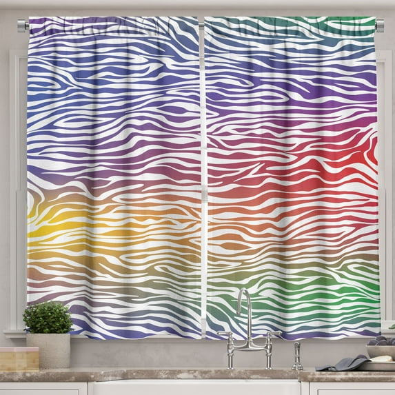 Zebra Print Kitchen Curtains, Abstract Zebra Skin Pattern Geometric Horizontal Stripes Illustration, Two Panels Drapes with Rod Pocket Room Decor, 55" X 45", Purple Red Yellow, by Ambesonne