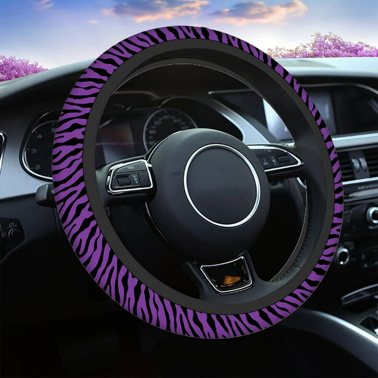 Zebra Print Purple Car Steering Wheel Covers Funny Black and Purple Zebra Scale Print Universal Fit 15 Inch Anti Slip Steering Wheel Protector Cover
