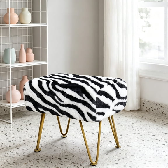 Zebra-Print Rectangle Faux Fur Ottoman, 19"x13"x17", Soft Fuzzy Entryway Bench Seat, Sturdy Accent Coffee Table for Living Room, Makeup Vanity Stool with Golden Legs for Bedroom Closet Foot Rest